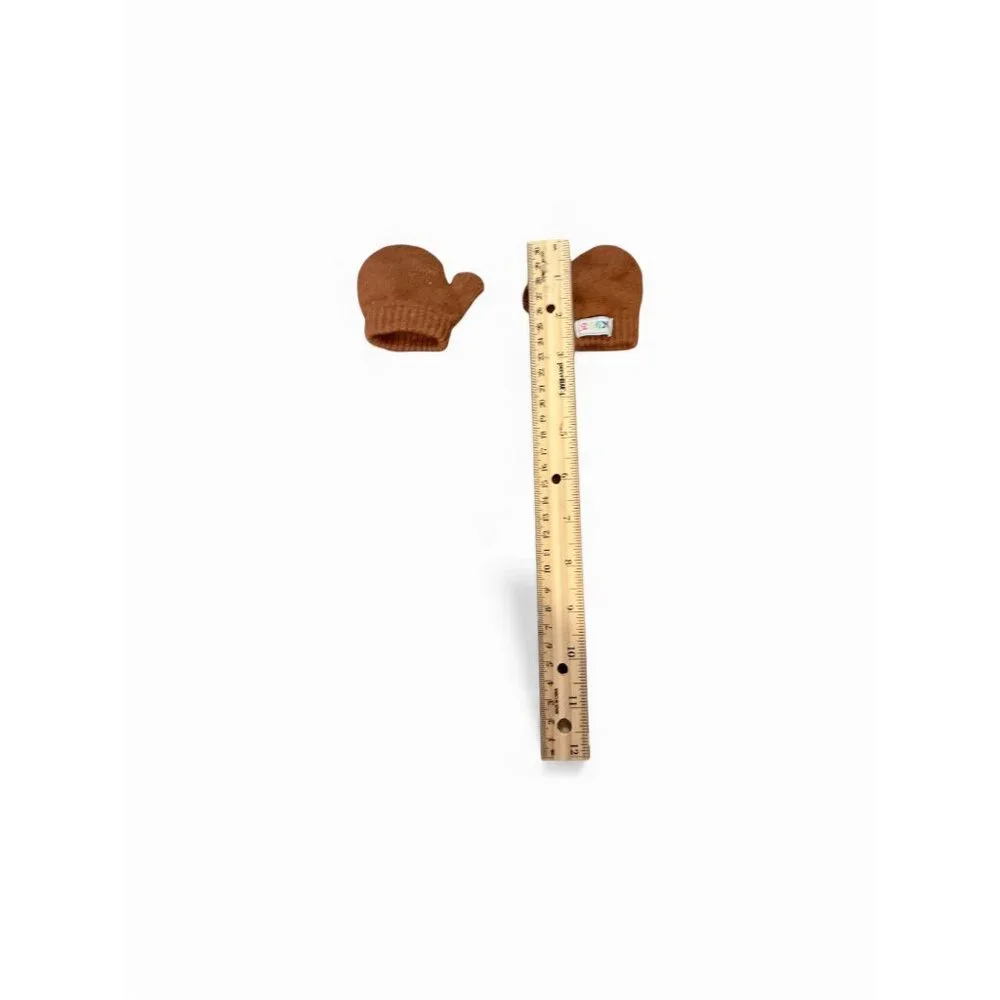 Newborn Brown Knit Pom-Pom Hat & Mittens‎ Set With Bear Patch